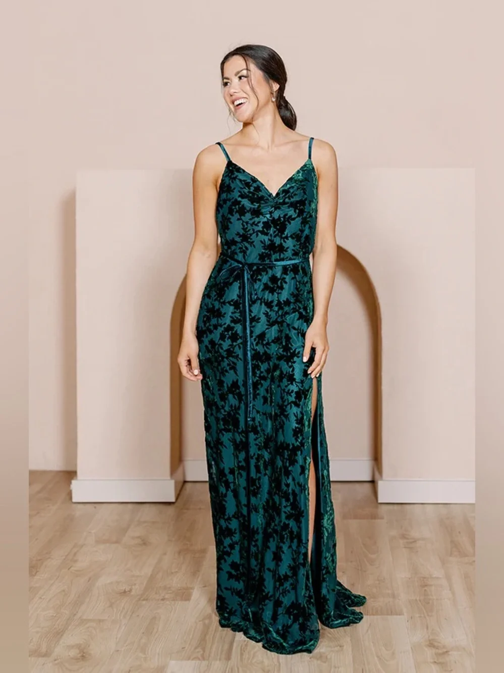 Revelry Tilley Floral Burnout Velvet Dress Maxi Emerald Green small bridesmaid - Picture 1 of 6